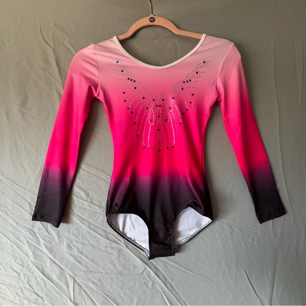Kids Dance Costume Girls Pink Black Leotard Size 12 Fitness Gymnastic Beaded NWT